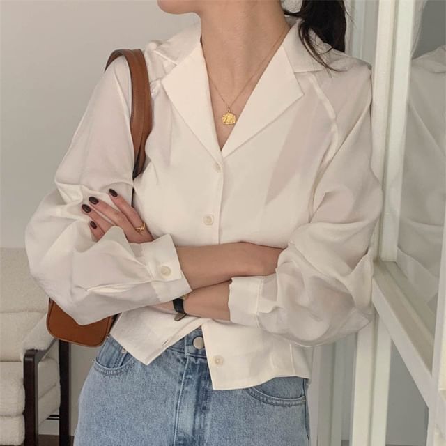 MIKIGA-Long-Sleeve Lapel Collar Plain Shirt