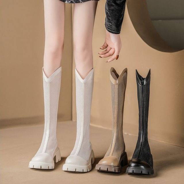Vindler-Platform Mesh Panel Zip-Up Tall Boots