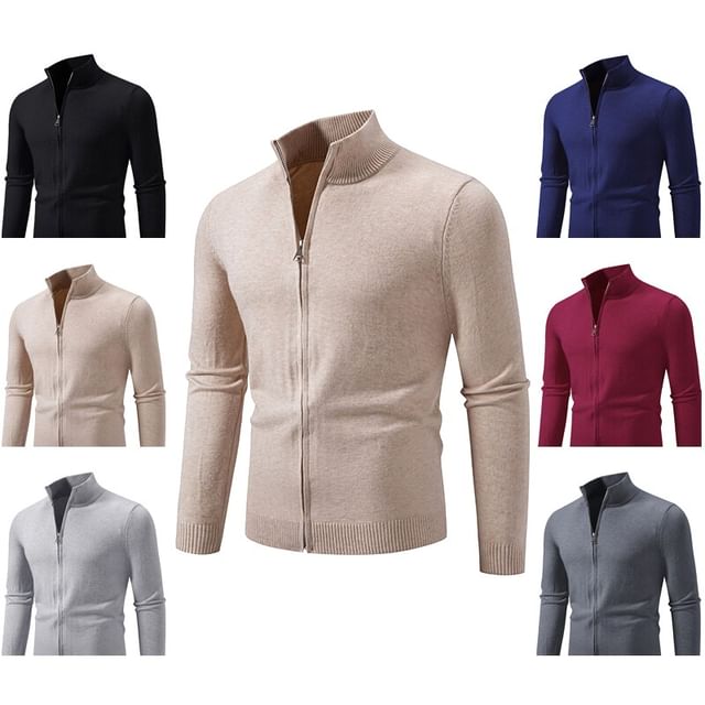 FORSETI-Stand Collar Plain Zip-Up Cardigan