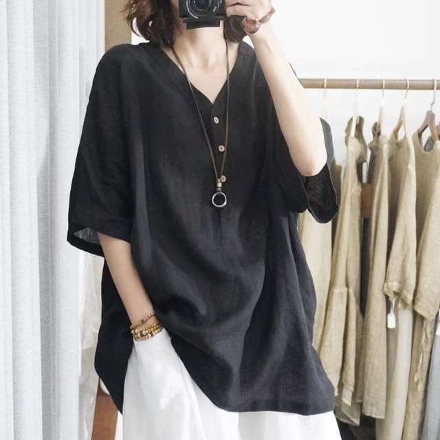 INEN-Elbow-Sleeve V-Neck Half Buttoned Linen Top