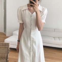 Timfield - Short-Sleeve Button Midi A-Line Dress Timfield - Short-Sleeve Button Midi A-Line Dress