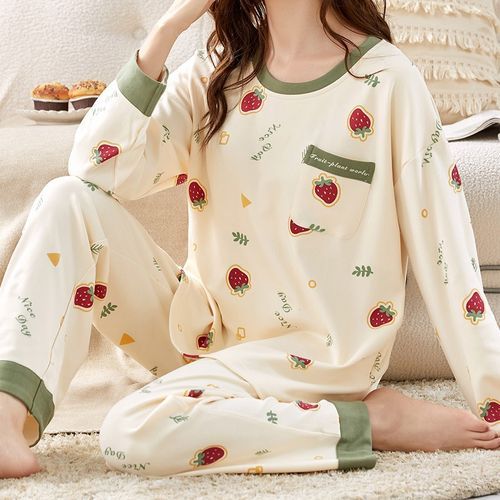 Jeony Loungewear Set Strawberry Print Long Sleeve T Shirt Pants YesStyle