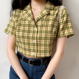 Sinora - Short-Sleeve Plaid Crop Shirt 