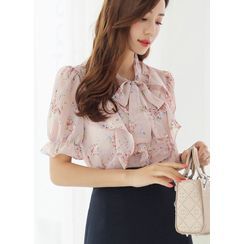 Styleonme - Tie-Neck Ruffled Floral Chiffon Blouse Styleonme - Tie-Neck Ruffled Floral Chiffon Blouse