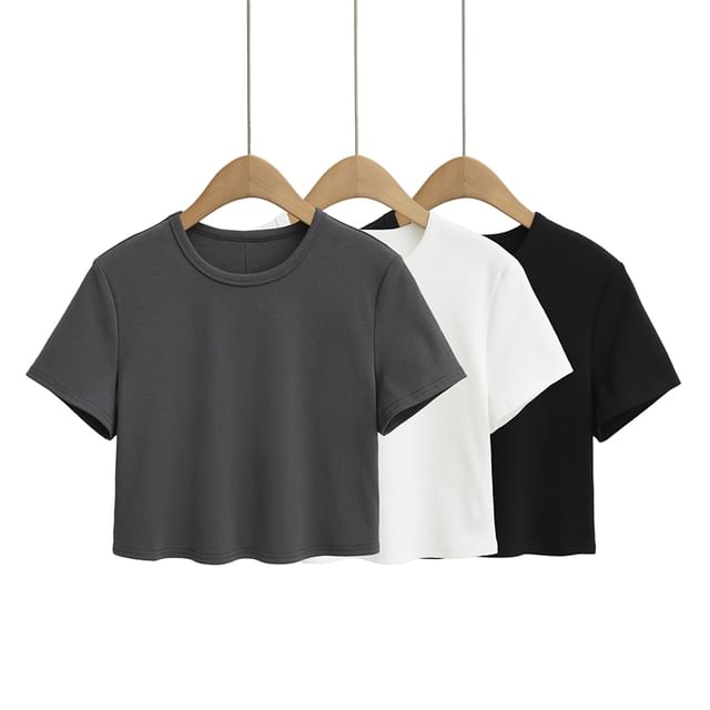 Ulark-Short Sleeve Round Neck Plain Crop Tee