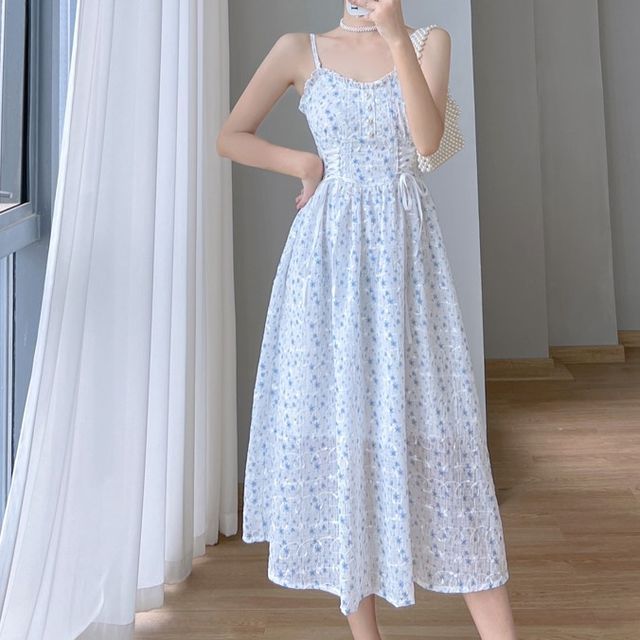 Petit Lace - Spaghetti Strap Floral Print Ruffle Trim Lace-Up Midi A-Line  Dress / V-Neck Plain Ribbed Cardigan / Set | YesStyle