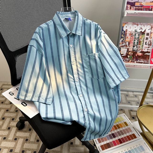 Hushgrain-Elbow-Sleeve Striped Button-Up Shirt