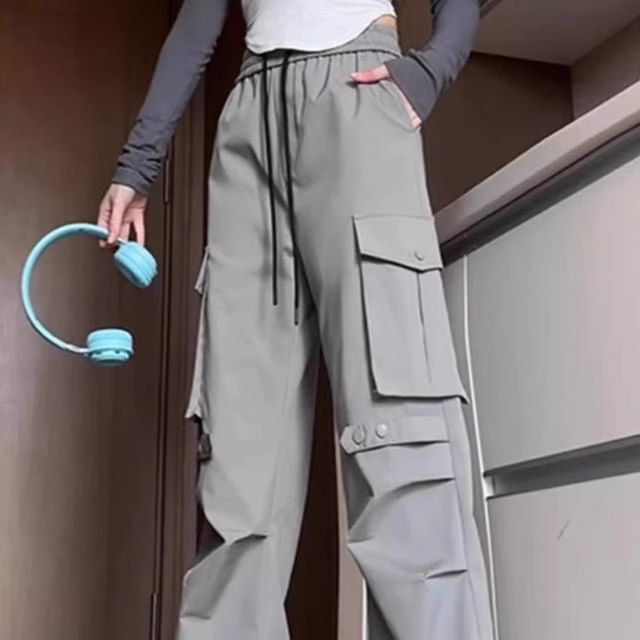 Cloud Nine-Drawstring Waist Plain Loose Fit Cargo Pants