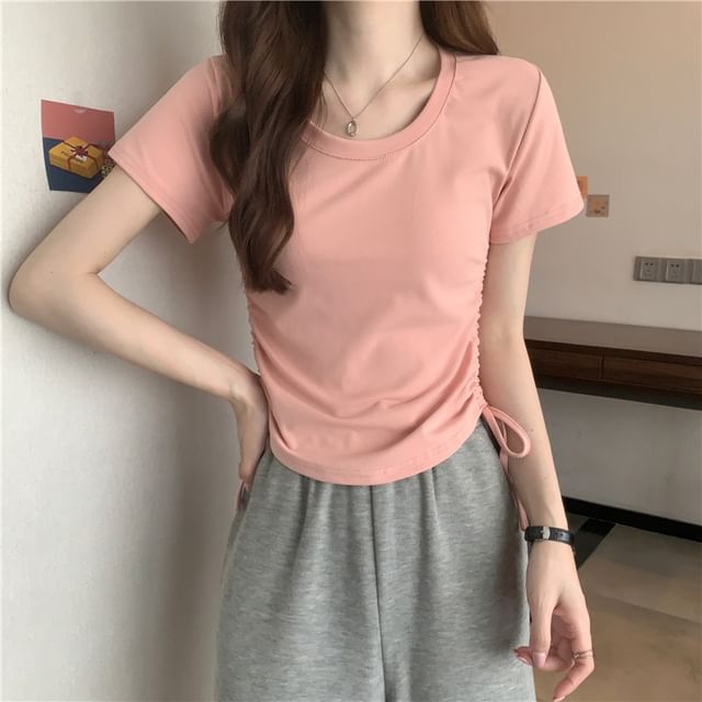 monroll-Short-Sleeve Round Neck Plain Drawstring T-Shirt