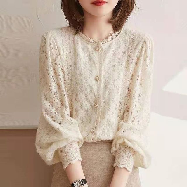 ISSOL-Long-Sleeve Button-Up Lace Blouse
