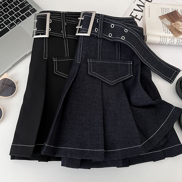 DIYI-High Rise Buckled Plain Mini Pleated Skirt