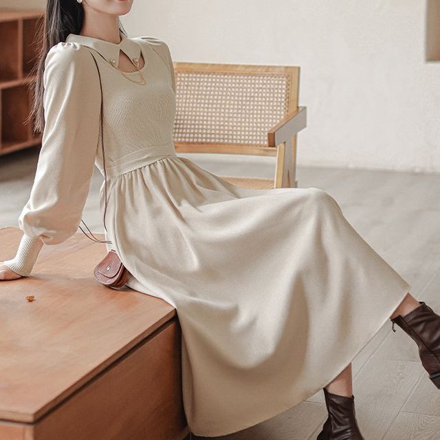 english factory long-sleeve collared center-pleat a-line midi dress Long Sleeve A-Line Midi Dress with Shirt Collar – shopaleena main image 1