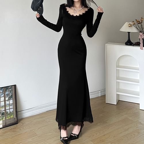 Amyway - Long-Sleeve Scoop Neck Plain Maxi Mermaid Dress | YesStyle