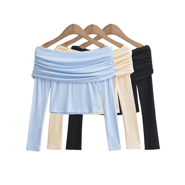 Hollahop-Long-Sleeve Off Shoulder Plain Crop Top