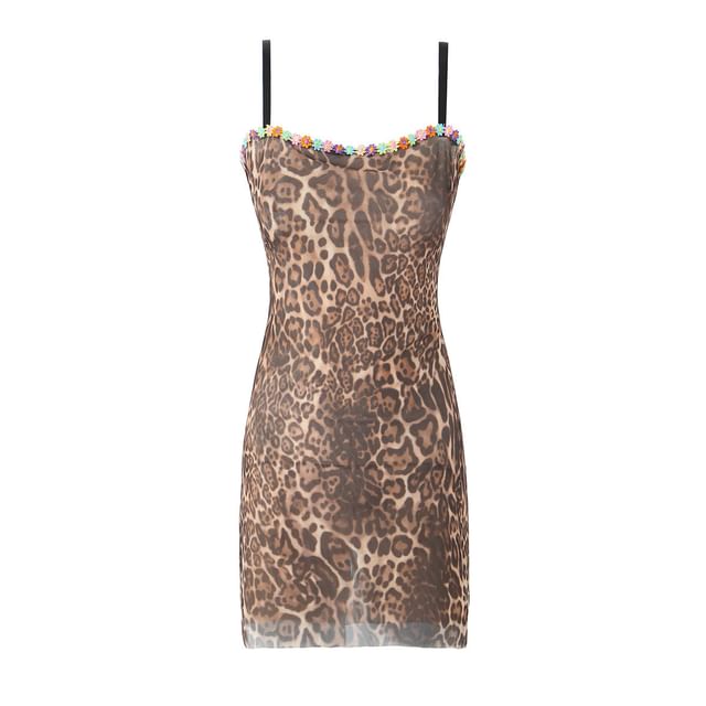 Osion-Spaghetti Strap Leopard Mini Sheath Dress