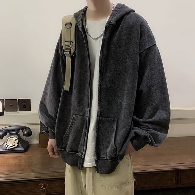 Macho-Long Sleeve Zip Up Washed Oversized Hoodie