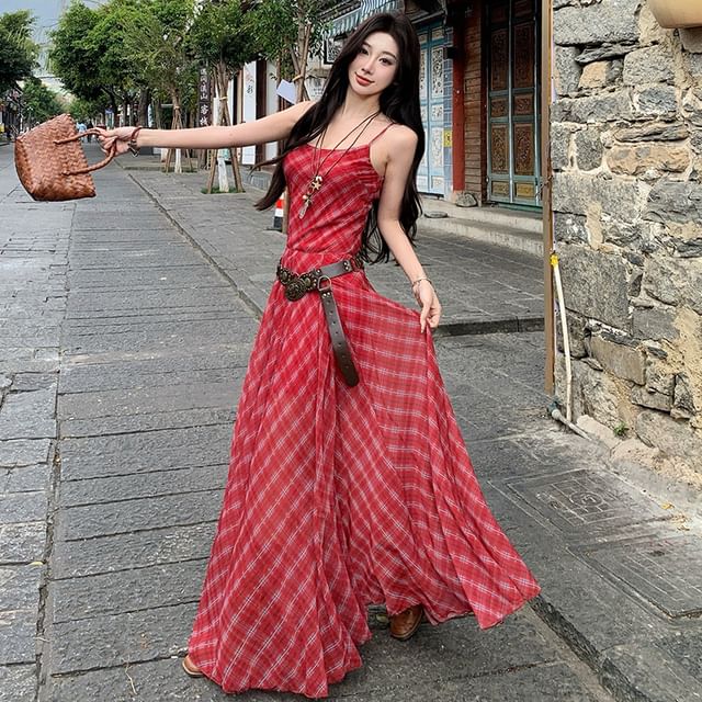 Juuri-Spaghetti Strap Plaid Maxi A-Line Dress