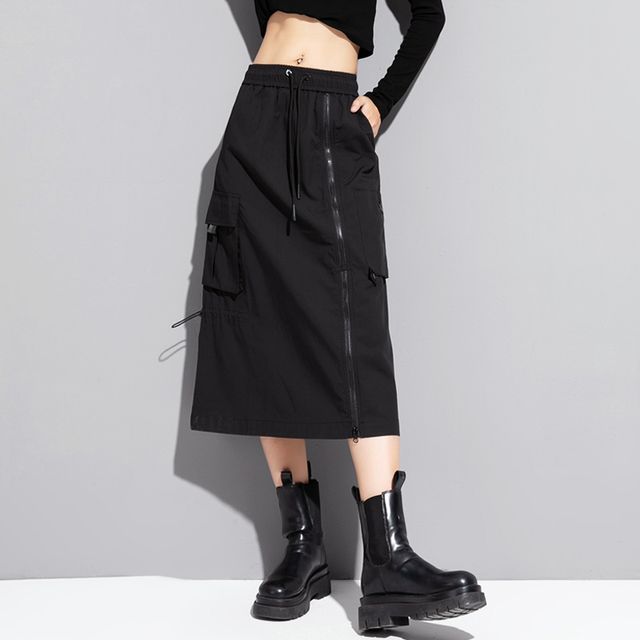 Common3 Low Waist Zip Detail Drawstring Plain Midi A-Line Cargo