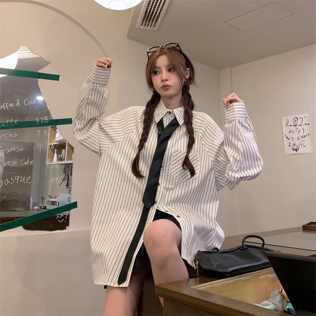 Sienne-Long Sleeve Collared Striped Button Down Shirt