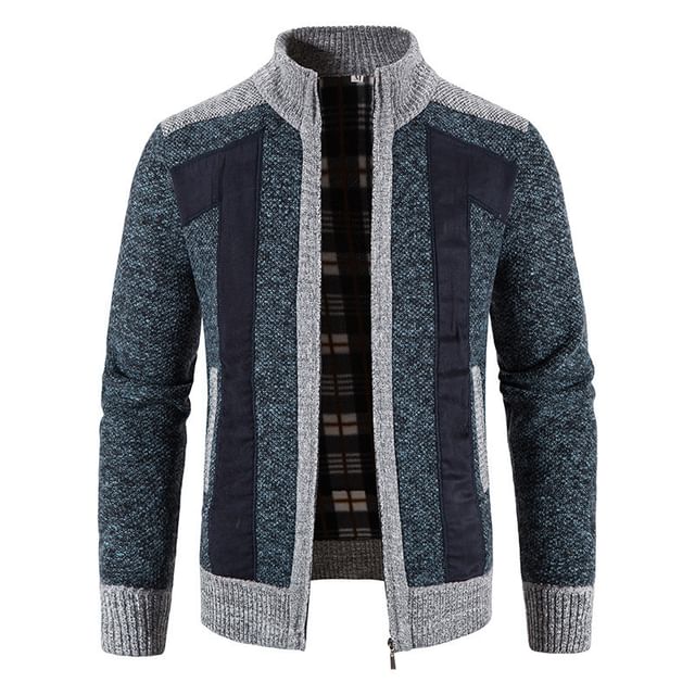 YIKES-Stand Collar Color Block Zip Cardigan