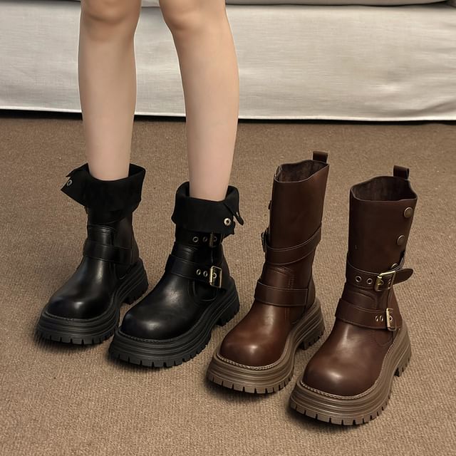 Nikao-Platform Buckled Mid Calf Boots