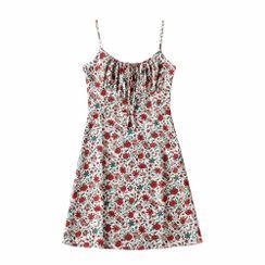 Reknovine - Spaghetti Strap Floral Print Mini Dress