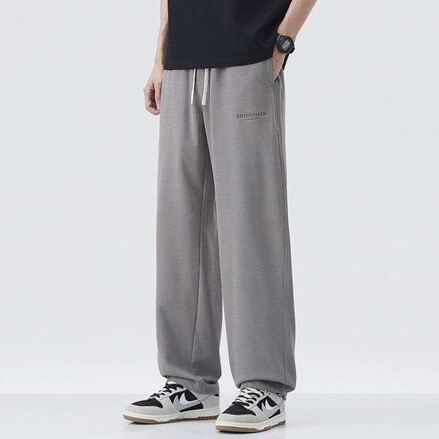 Nataro-Drawstring Waist Plain Wide Leg Sweatpants