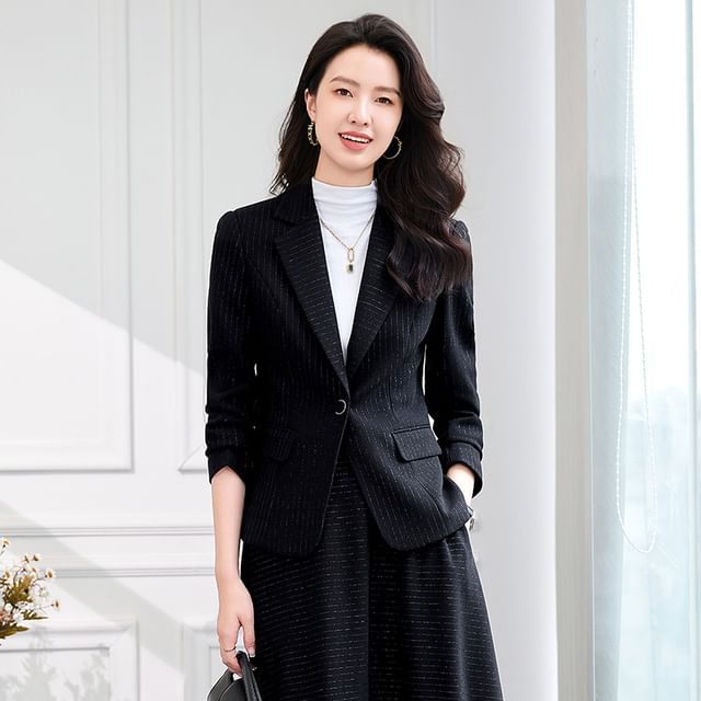 Skyheart-One Buttoned Plain Blazer Midi A-Line Skirt Set