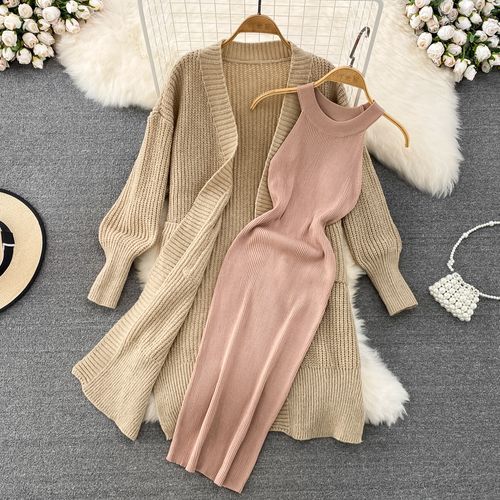 princess polly baby blue dress Yearnin - Set: Plain Halter Sheath Dress + Open Front Long Knit Cardigan