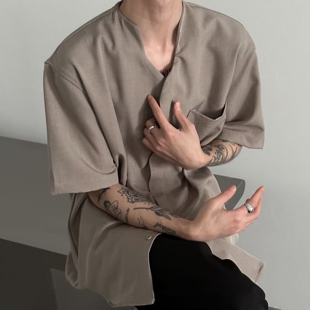 GRAYCIOUS-Elbow-Sleeve Stand Collar Button-Up Plain Shirt