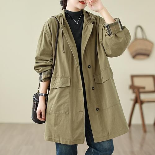 ZIMO - Plain Hooded Single-Breasted Trench Jacket | YesStyle