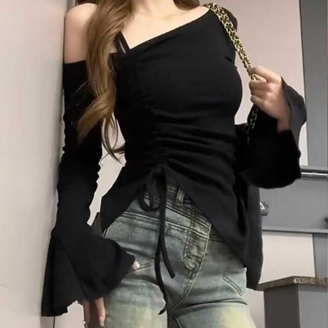 Yako-Long Sleeve One Shoulder Plain Ruched Drawstring Hem Top
