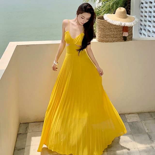 Moanum - Spaghetti Strap Plain Cutout Accordion Pleated Maxi A-Line Dress | YesStyle Moanum - Spaghetti Strap Plain Cutout Accordion Pleated Maxi A-Line Dress | YesStyle