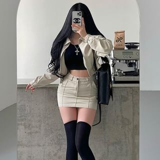 RainGirl-Plain Zip Jacket High Rise Mini Pencil Skirt