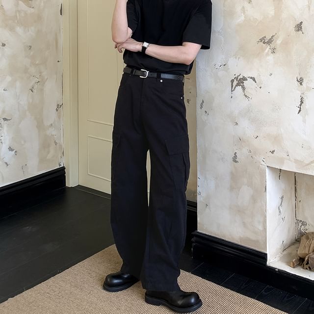 Omozando-High Waist Plain Wide Leg Cargo Pants
