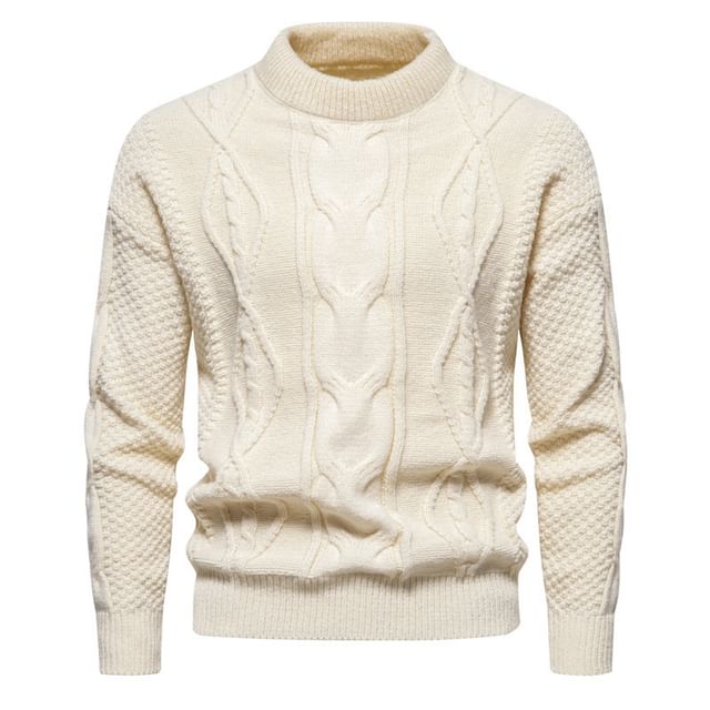 YIKES-Mock Neck Cable Knit Plain Sweater