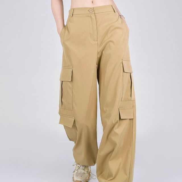 Bolgivy - High Waist Plain Wide Leg Cargo Pants (Various Designs)