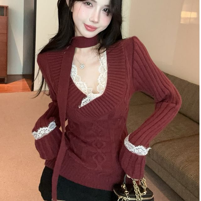 Whoosh-V-Neck Plain Lace Trim Sweater