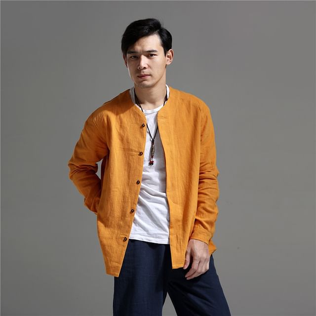 Sparrow Farm-Long Sleeve V-Neck Plain Shirt