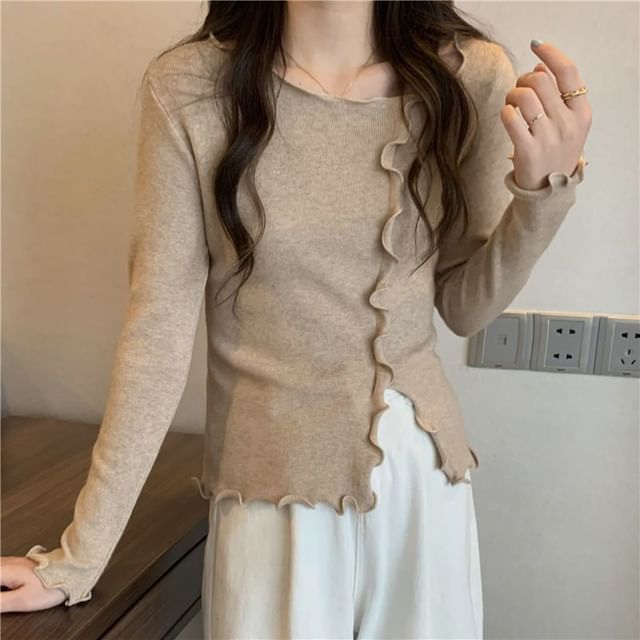 Sisyphi-Long-Sleeve Crew Neck Lettuce Edge Slit Knit Top