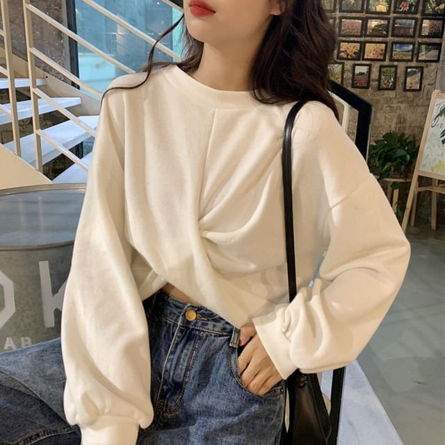 Lexama-Long-Sleeve Round Neck Plain Knotted Crop Pullover
