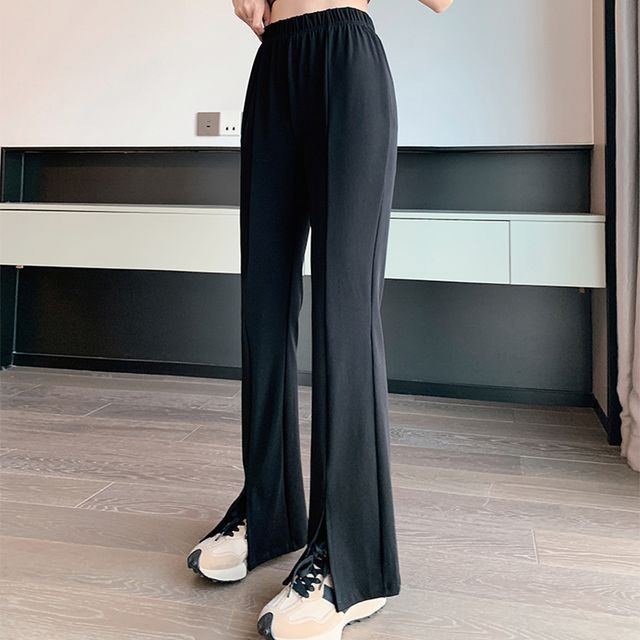 Everose-Elastic Waist Plain Slit Flared Pants