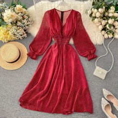 Lucuna - Balloon-Sleeve Floral Print Midi Chiffon Dress Lucuna - Balloon-Sleeve Floral Print Midi Chiffon Dress