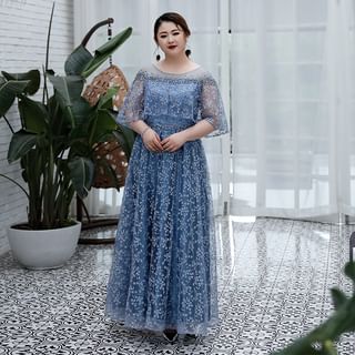 uliaque Plus Size Elbow-Sleeve Floral Mesh A-Line Evening Gown
