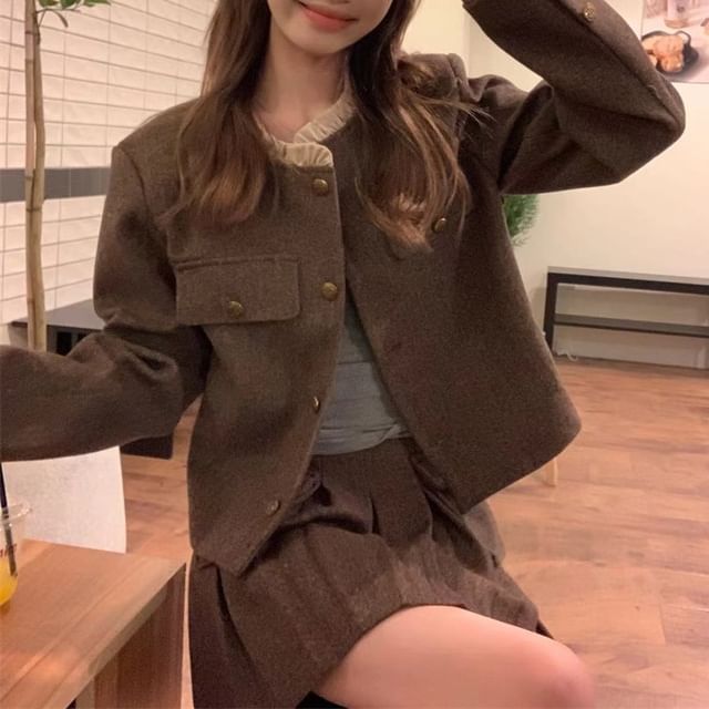 Trendycas-Lace Trim Button-Up Jacket Mini Pleated Skirt