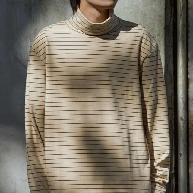 Adothuiastic-Long-Sleeve Turtleneck Striped T-Shirt
