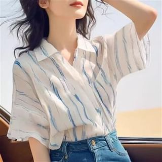 Everose-Short-Sleeve Striped Asymmetrical Chiffon Blouse