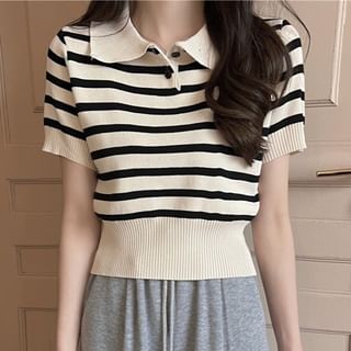 Sisyphi-Short-Sleeve Striped Knit Polo Top