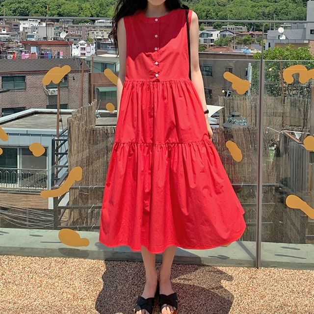 Tulstrix-Sleeveless Round Neck Plain Panel Button Midi A-Line Dress