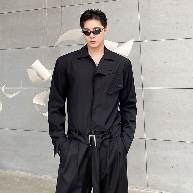 Orungeetun-Long-Sleeve Collared Plain Jumpsuit